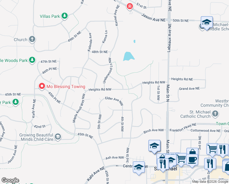 map of restaurants, bars, coffee shops, grocery stores, and more near 413 Heights Road Northwest in Saint Michael