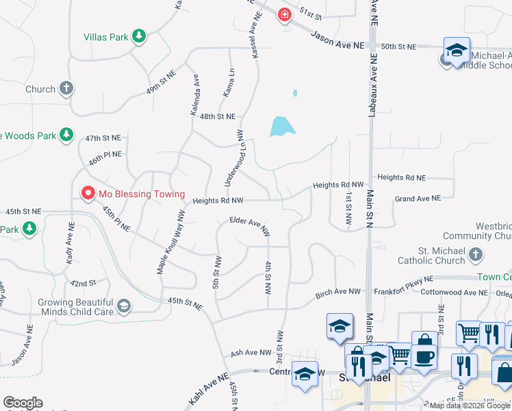 map of restaurants, bars, coffee shops, grocery stores, and more near 413 Heights Road Northwest in Saint Michael