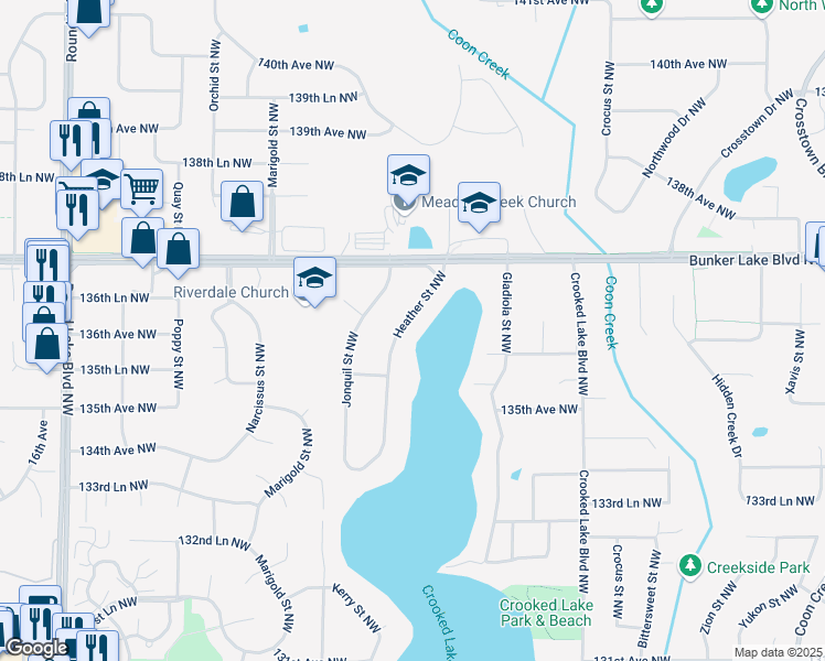 map of restaurants, bars, coffee shops, grocery stores, and more near 13609 Heather Street Northwest in Andover