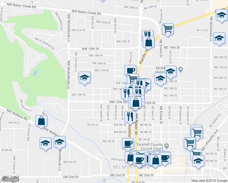 map of restaurants, bars, coffee shops, grocery stores, and more near 1305 Northwest Birch Street in McMinnville