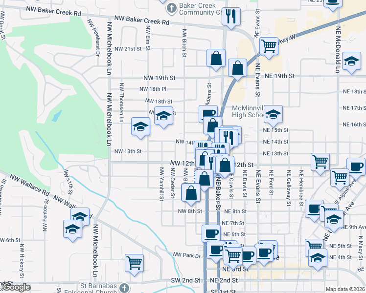 map of restaurants, bars, coffee shops, grocery stores, and more near 1315 Northwest Birch Street in McMinnville