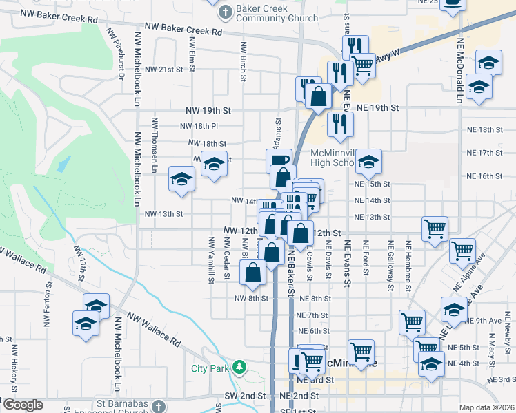 map of restaurants, bars, coffee shops, grocery stores, and more near 252 Northwest 14th Street in McMinnville