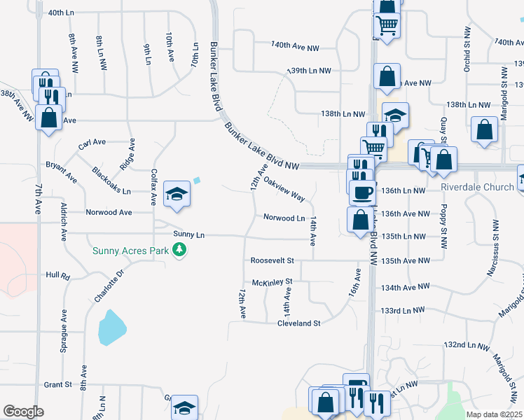 map of restaurants, bars, coffee shops, grocery stores, and more near 1203 Norwood Lane in Anoka