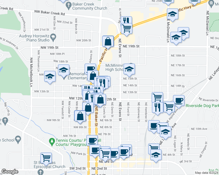 map of restaurants, bars, coffee shops, grocery stores, and more near 1330 Northeast Cowls Street in McMinnville