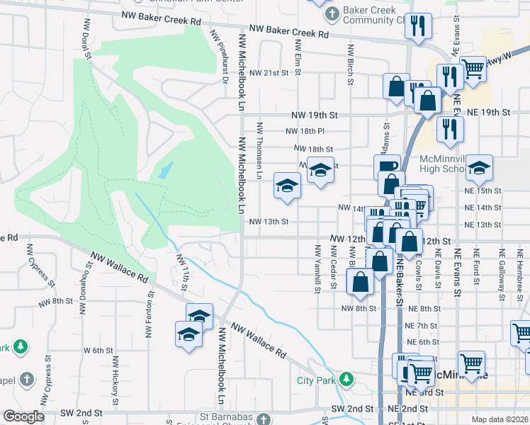 map of restaurants, bars, coffee shops, grocery stores, and more near 1340 Northwest Thomsen Lane in McMinnville