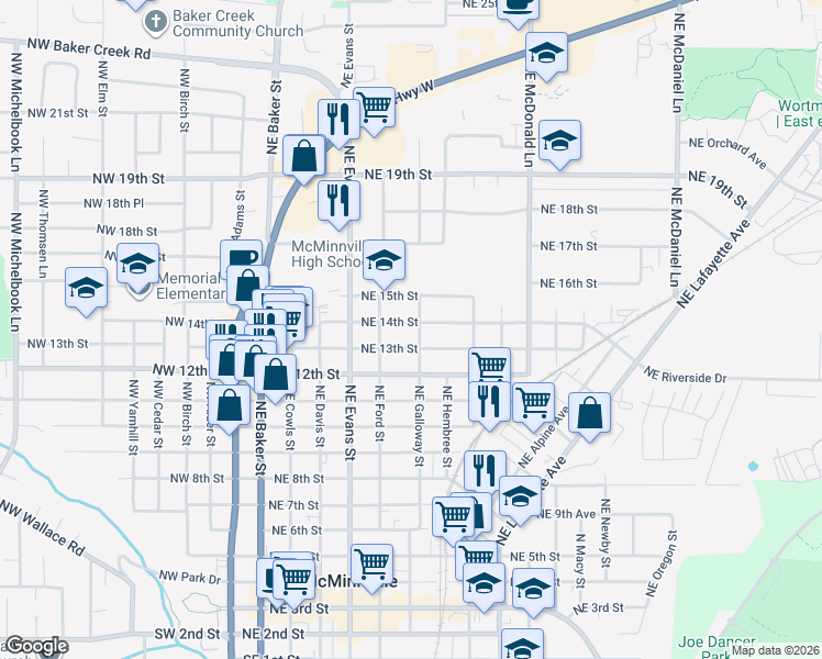 map of restaurants, bars, coffee shops, grocery stores, and more near 1321 Northeast Galloway Street in McMinnville