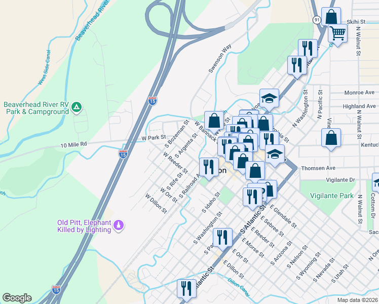 map of restaurants, bars, coffee shops, grocery stores, and more near 205 West Sebree Street in Dillon