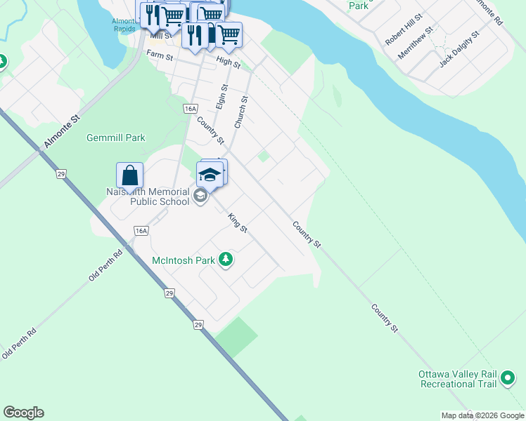 map of restaurants, bars, coffee shops, grocery stores, and more near Argyle Street in Mississippi Mills