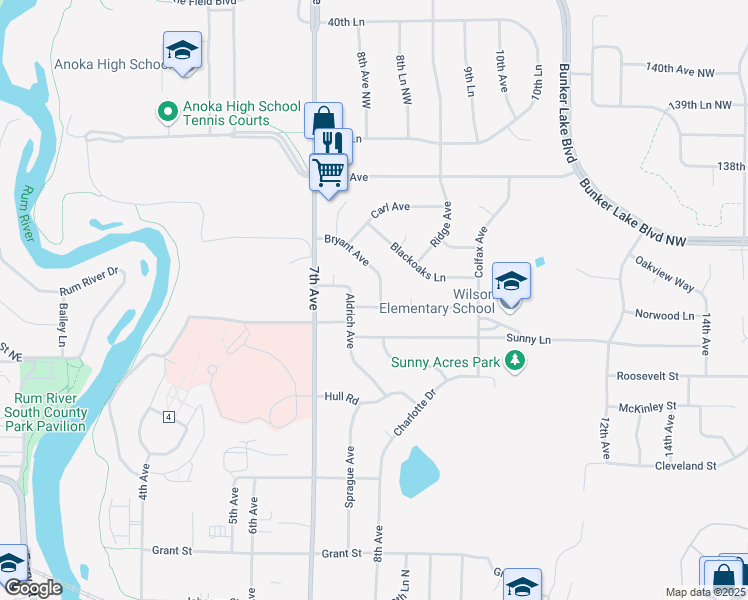 map of restaurants, bars, coffee shops, grocery stores, and more near 3503 Bryant Avenue in Anoka