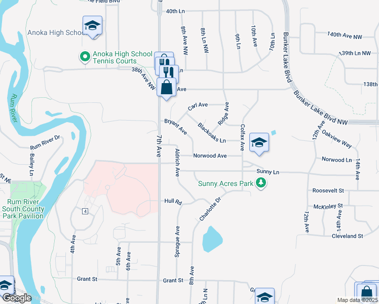 map of restaurants, bars, coffee shops, grocery stores, and more near 3503 Bryant Avenue in Anoka