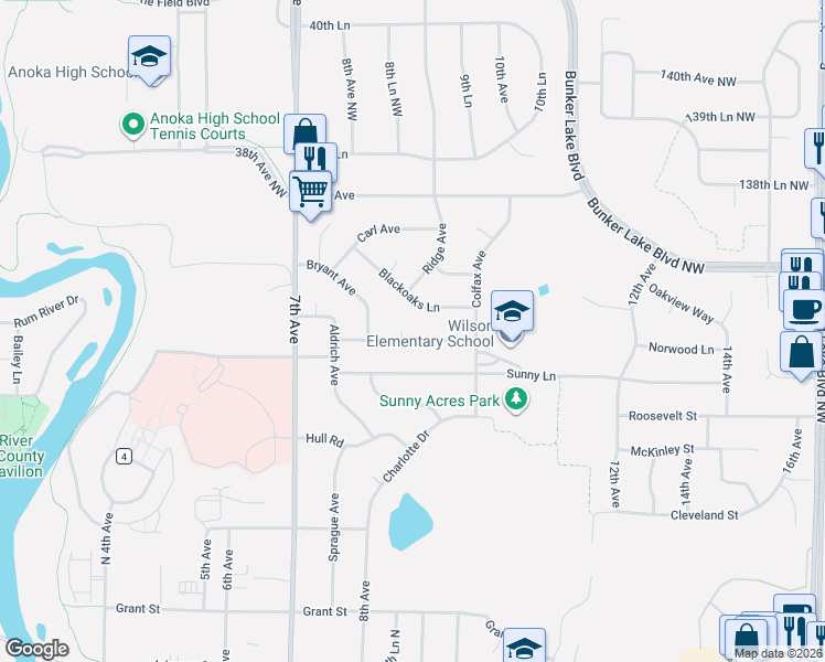 map of restaurants, bars, coffee shops, grocery stores, and more near 826 Norwood Avenue in Anoka