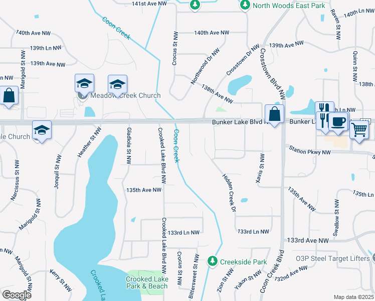 map of restaurants, bars, coffee shops, grocery stores, and more near 13606 Bittersweet Street Northwest in Andover