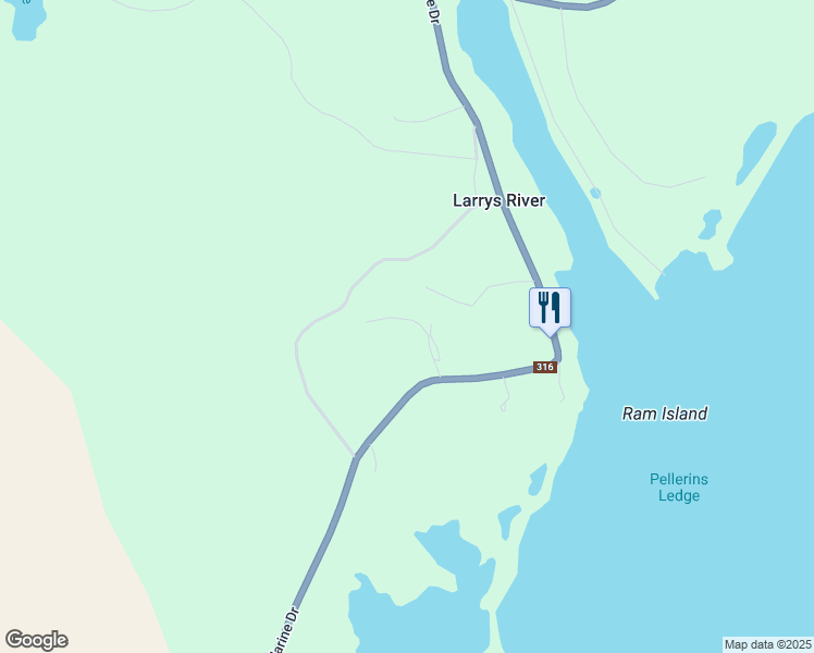 map of restaurants, bars, coffee shops, grocery stores, and more near 70 Gerrior Road in Larrys River