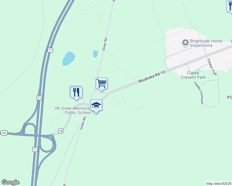 map of restaurants, bars, coffee shops, grocery stores, and more near 195 Muskoka District Road 10 in Huntsville