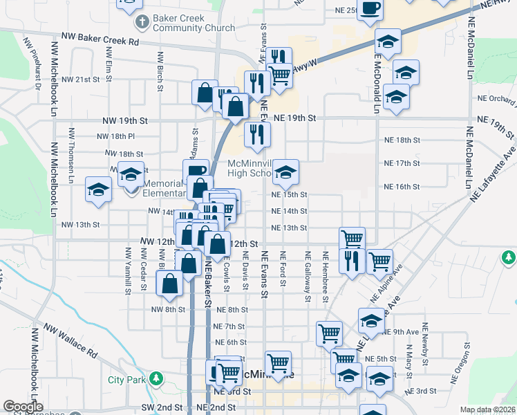 map of restaurants, bars, coffee shops, grocery stores, and more near 1411 Northeast Evans Street in McMinnville