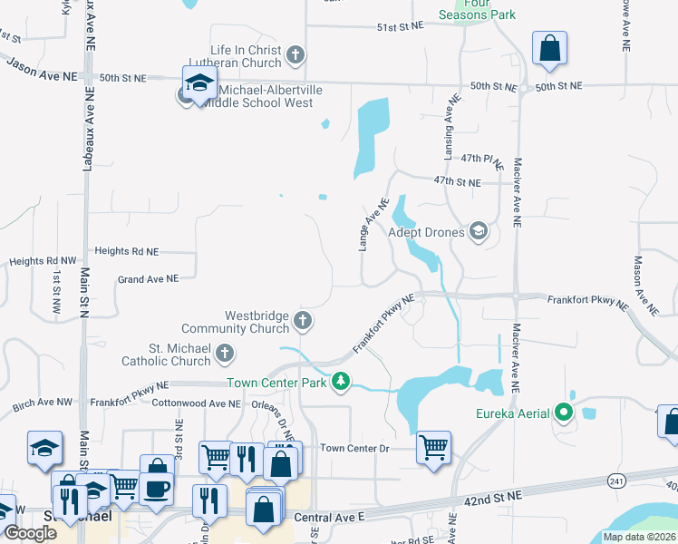map of restaurants, bars, coffee shops, grocery stores, and more near 4550 Landmark Drive Northeast in Saint Michael