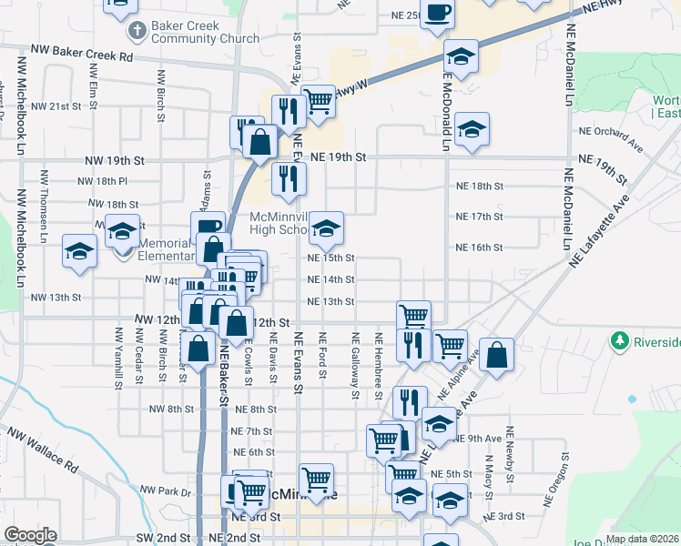 map of restaurants, bars, coffee shops, grocery stores, and more near 1321 Northeast Galloway Street in McMinnville