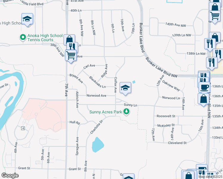map of restaurants, bars, coffee shops, grocery stores, and more near 926 Norwood Avenue in Anoka