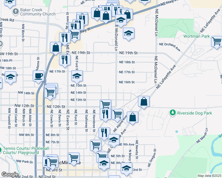 map of restaurants, bars, coffee shops, grocery stores, and more near in Yamhill County