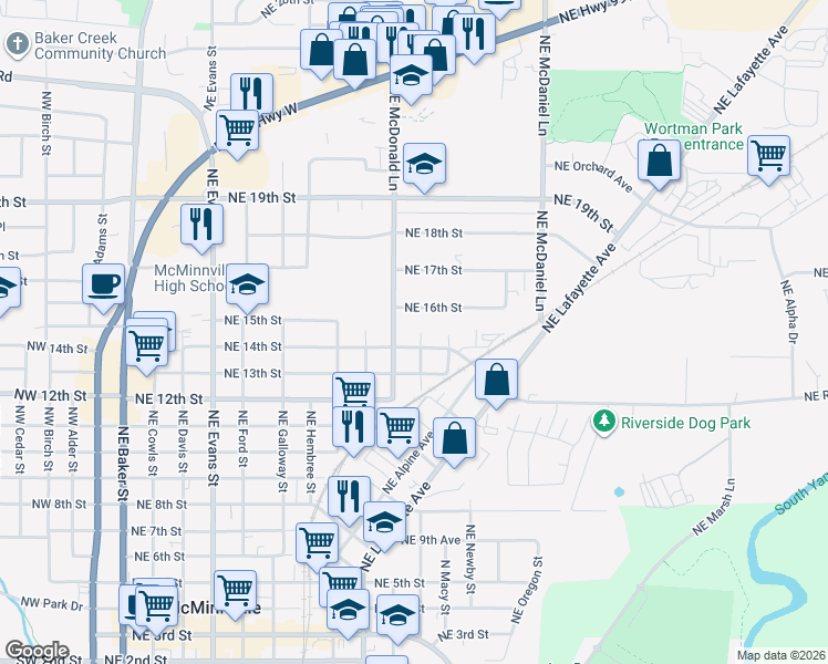 map of restaurants, bars, coffee shops, grocery stores, and more near 1215 Northeast 16th Street in McMinnville