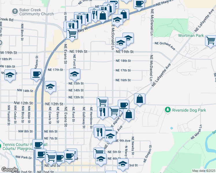 map of restaurants, bars, coffee shops, grocery stores, and more near in Yamhill County
