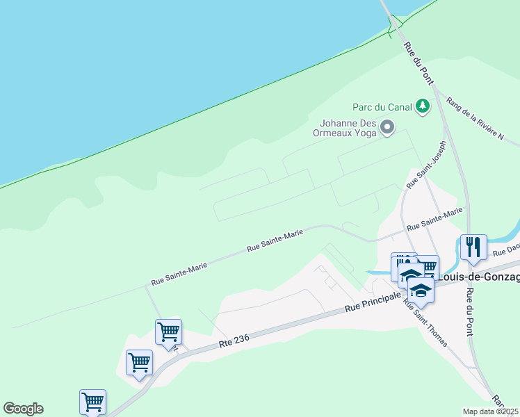 map of restaurants, bars, coffee shops, grocery stores, and more near Rue du Quai in Montérégie