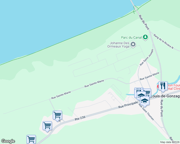 map of restaurants, bars, coffee shops, grocery stores, and more near Rue du Quai in Montérégie