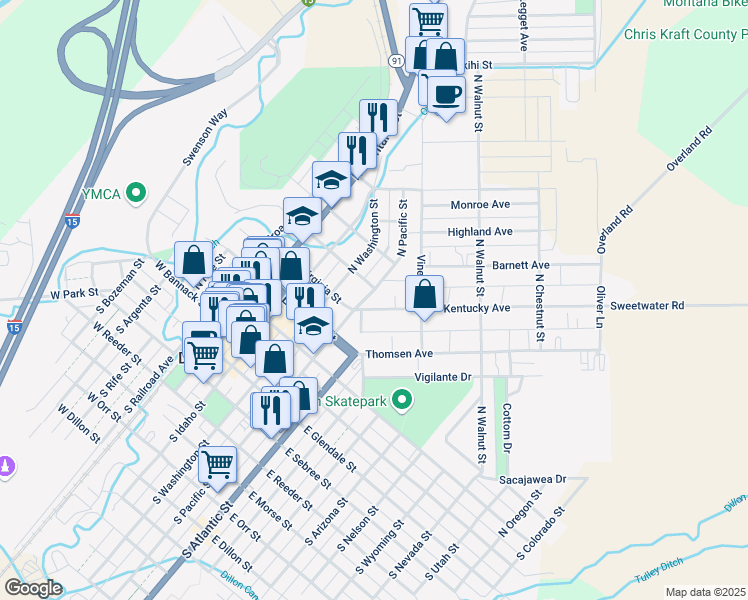 map of restaurants, bars, coffee shops, grocery stores, and more near 208 East Butte Street in Dillon