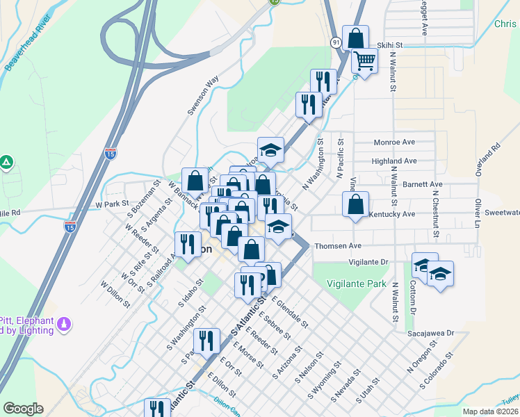 map of restaurants, bars, coffee shops, grocery stores, and more near 98 East Helena Street in Dillon