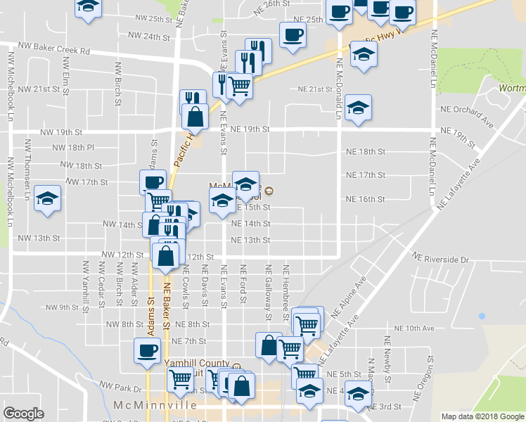 map of restaurants, bars, coffee shops, grocery stores, and more near 650 Northeast 15th Street in McMinnville