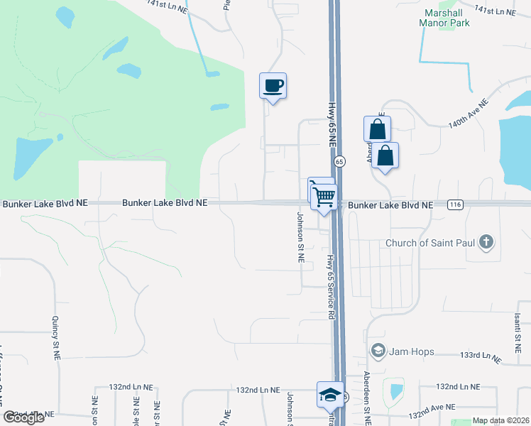 map of restaurants, bars, coffee shops, grocery stores, and more near 1235 Bunker Lake Boulevard Northeast in Ham Lake