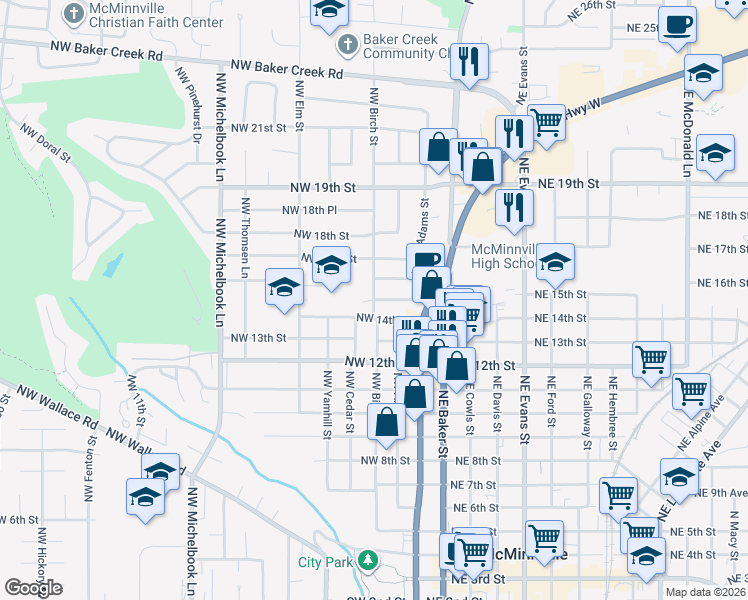 map of restaurants, bars, coffee shops, grocery stores, and more near Northwest Birch Street in McMinnville