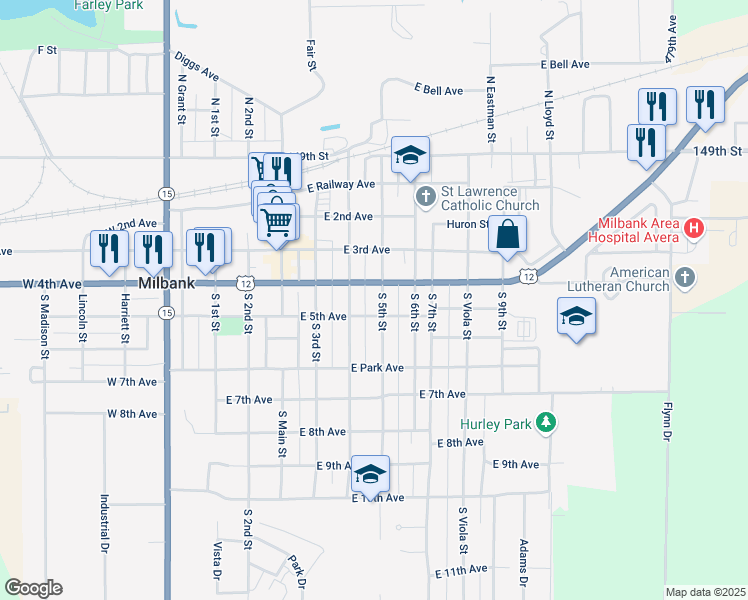map of restaurants, bars, coffee shops, grocery stores, and more near 403 South 5th Street in Milbank