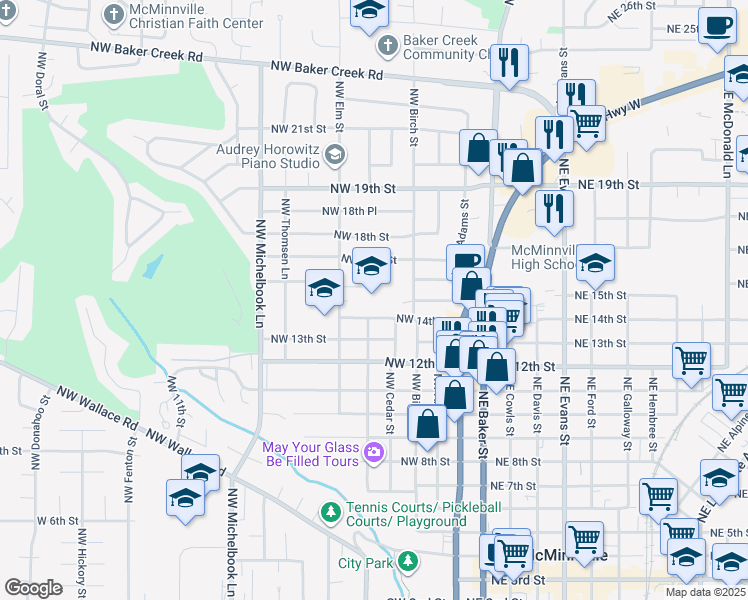 map of restaurants, bars, coffee shops, grocery stores, and more near 501 Northwest 14th Street in McMinnville