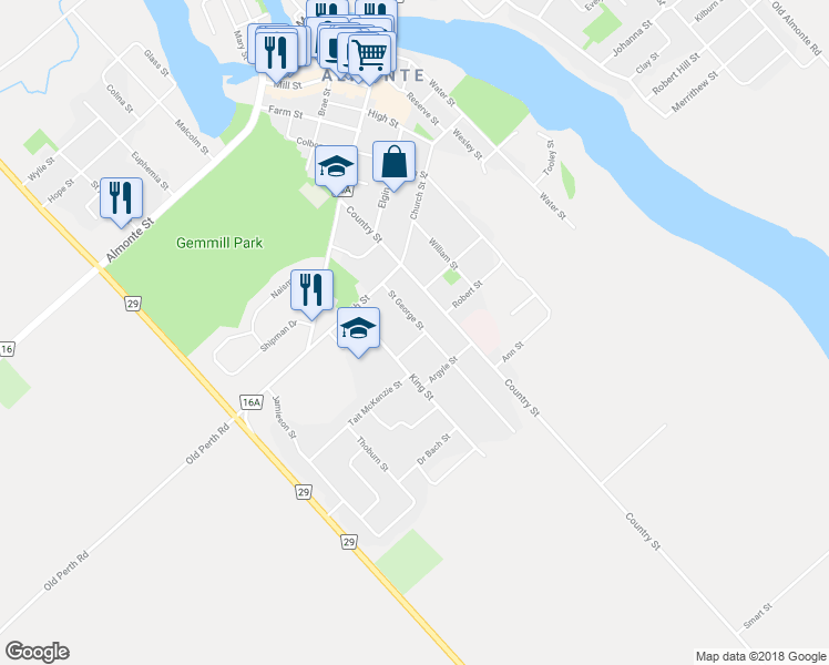 map of restaurants, bars, coffee shops, grocery stores, and more near 294 Saint George Street in Mississippi Mills