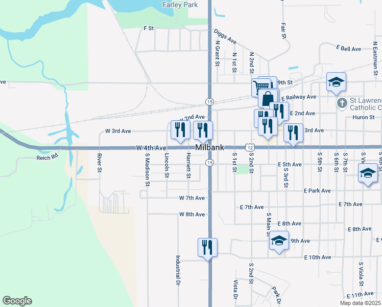 map of restaurants, bars, coffee shops, grocery stores, and more near 235-299 West 4th Avenue in Milbank