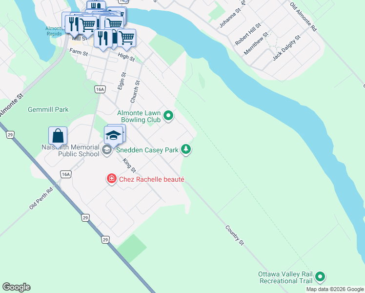 map of restaurants, bars, coffee shops, grocery stores, and more near 410 Ann Street in Mississippi Mills