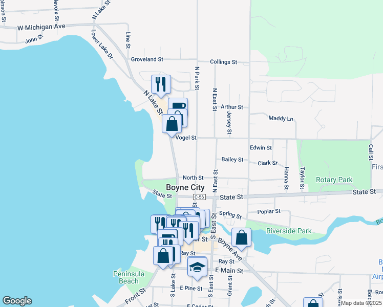 map of restaurants, bars, coffee shops, grocery stores, and more near 100-198 Vogel Street in Boyne City