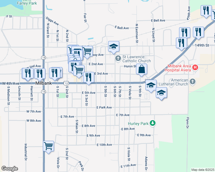 map of restaurants, bars, coffee shops, grocery stores, and more near 403 South 5th Street in Milbank