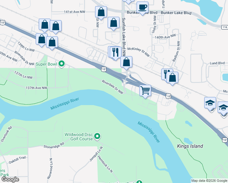 map of restaurants, bars, coffee shops, grocery stores, and more near 6452 Riverdale Drive Northwest in Ramsey