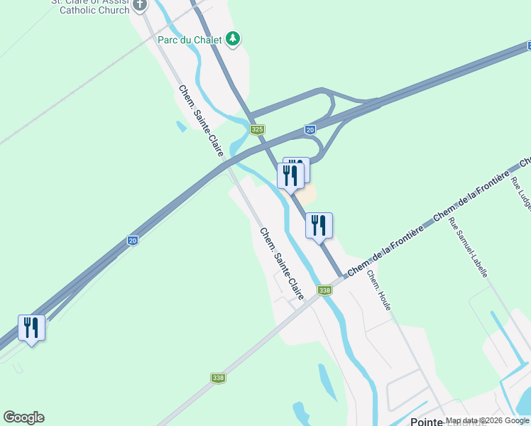 map of restaurants, bars, coffee shops, grocery stores, and more near 629 Chemin Sainte-Claire in Rivière-Beaudette