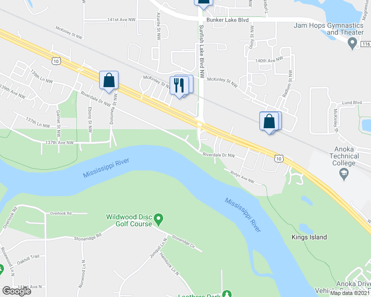 map of restaurants, bars, coffee shops, grocery stores, and more near 6452 Riverdale Drive Northwest in Ramsey