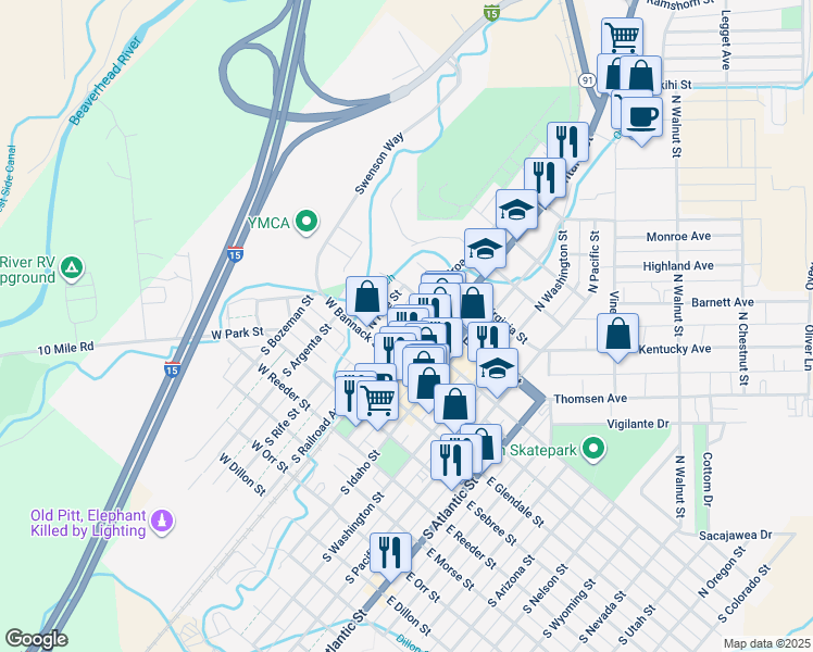map of restaurants, bars, coffee shops, grocery stores, and more near 101 North Railroad Street in Dillon