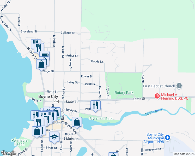 map of restaurants, bars, coffee shops, grocery stores, and more near 300-426 Union St in Boyne City
