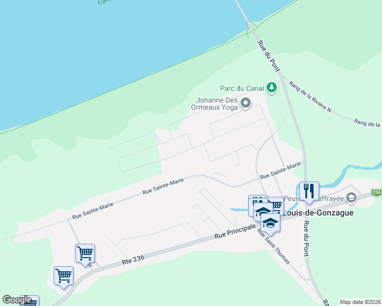 map of restaurants, bars, coffee shops, grocery stores, and more near Rue du Quai in Montérégie