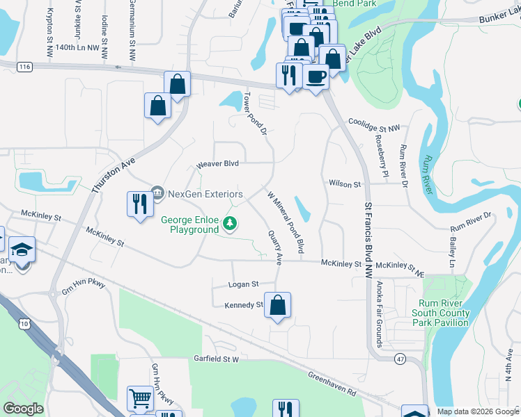 map of restaurants, bars, coffee shops, grocery stores, and more near 3540 Quarry Avenue in Anoka