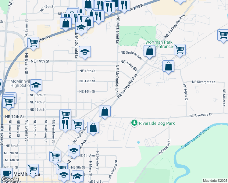 map of restaurants, bars, coffee shops, grocery stores, and more near 1601 Northeast McDaniel Lane in McMinnville