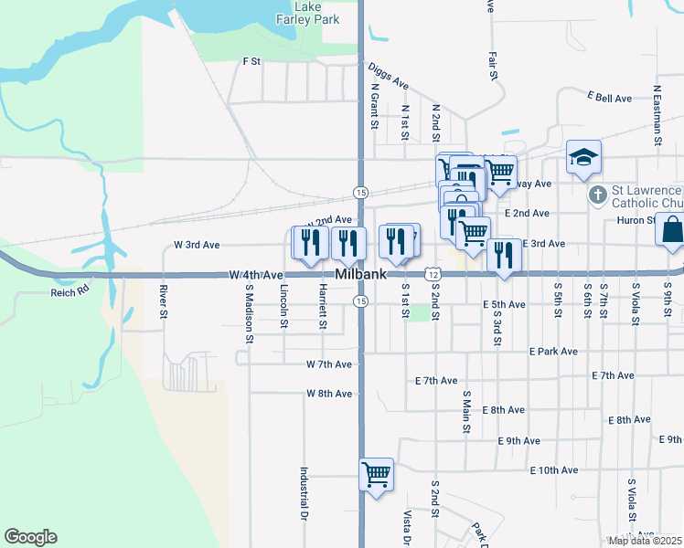 map of restaurants, bars, coffee shops, grocery stores, and more near 235 West 4th Avenue in Milbank