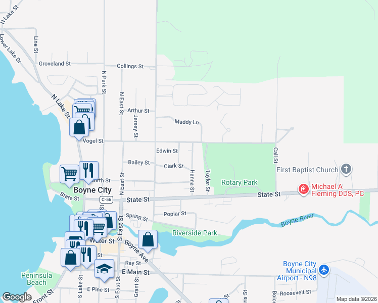 map of restaurants, bars, coffee shops, grocery stores, and more near 400-598 Hannah Street in Boyne City