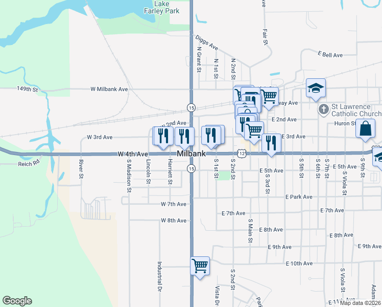 map of restaurants, bars, coffee shops, grocery stores, and more near in Milbank